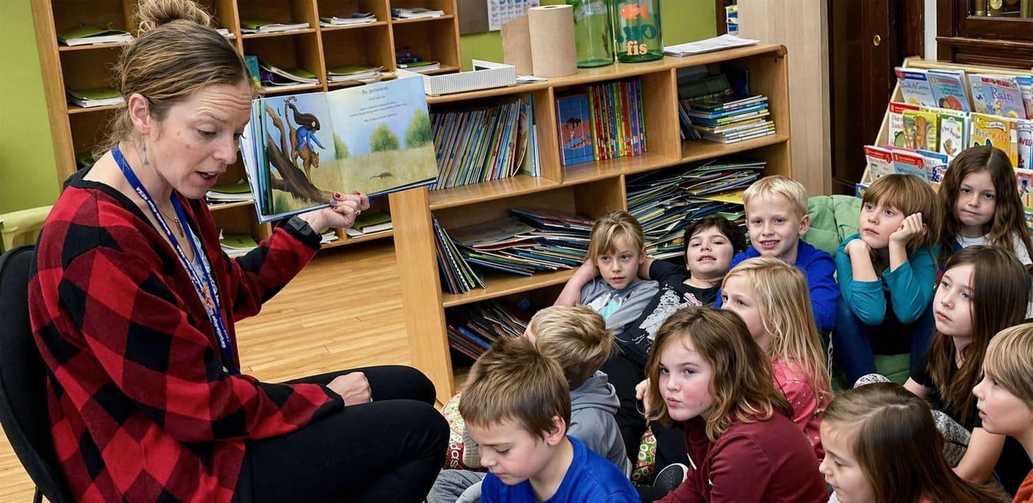 Teacher reading to a class of engaged young students in a school library