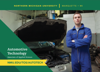 Student standing in front of car with open hood, with overlayed information about NMU's Automotive Technology Program